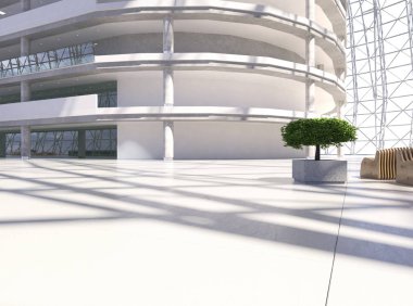 Koridorun genel iç mekanı. 3B render.