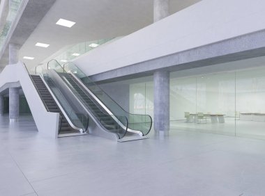 Koridorun genel iç mekanı. 3B render.
