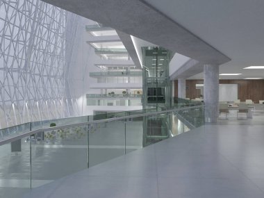 Koridorun genel iç mekanı. 3B render.