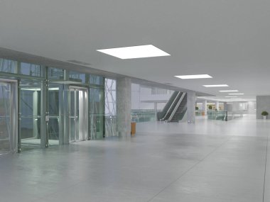 Koridorun genel iç mekanı. 3B render.