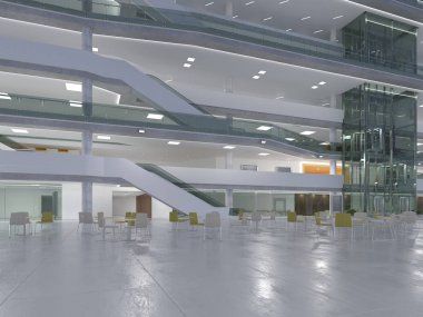 Koridorun genel iç mekanı. 3B render.