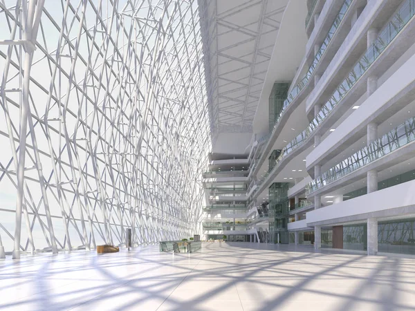 Koridorun genel iç mekanı. 3B render.