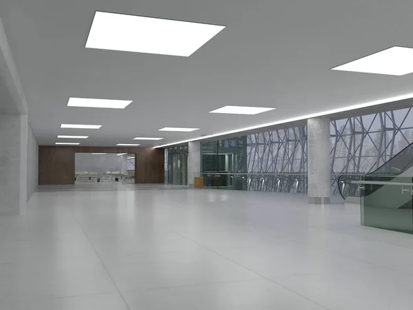 Koridorun genel iç mekanı. 3B render.