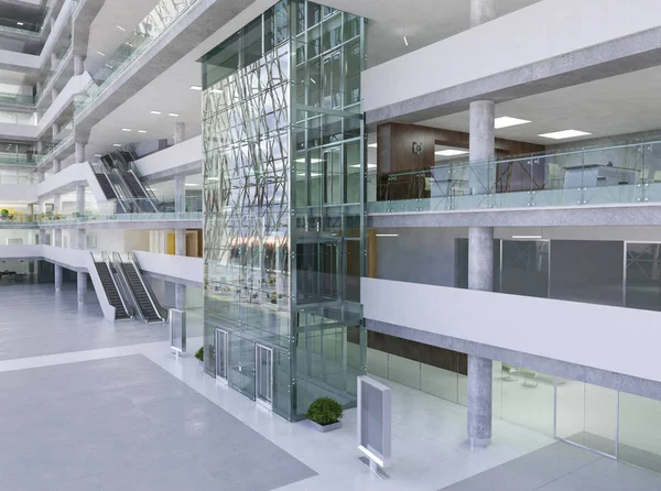 Koridorun genel iç mekanı. 3B render.