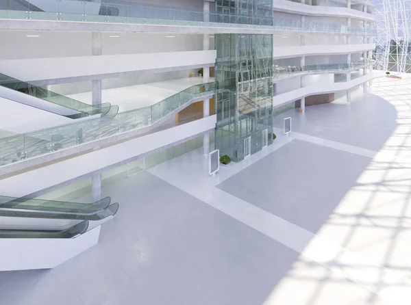 Koridorun genel iç mekanı. 3B render.