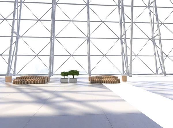 Koridorun genel iç mekanı. 3B render.