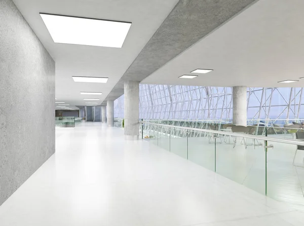 Koridorun genel iç mekanı. 3B render.