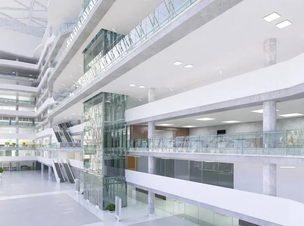 Koridorun genel iç mekanı. 3B render.