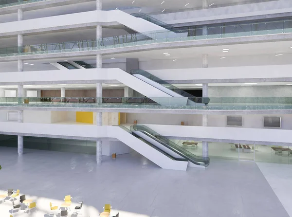 Koridorun genel iç mekanı. 3B render.