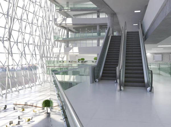 Koridorun genel iç mekanı. 3B render.