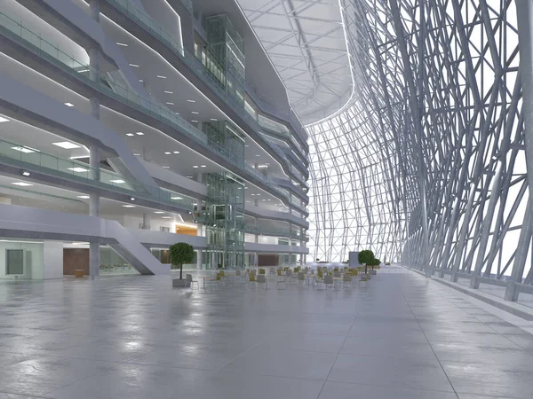 Koridorun genel iç mekanı. 3B render.
