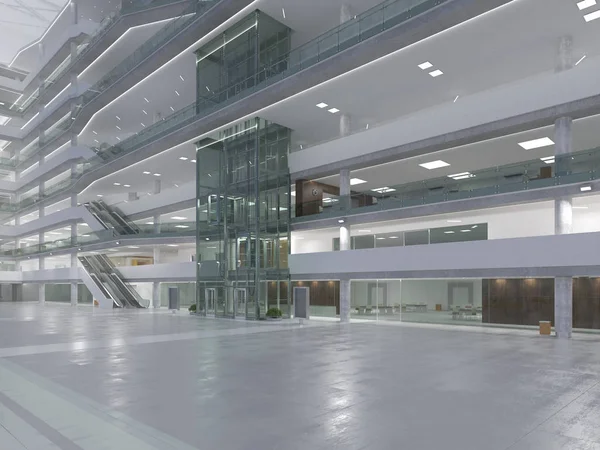 Koridorun genel iç mekanı. 3B render.