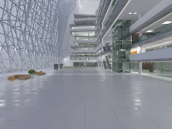 Koridorun genel iç mekanı. 3B render.