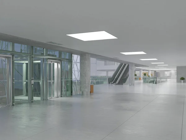 Koridorun genel iç mekanı. 3B render.
