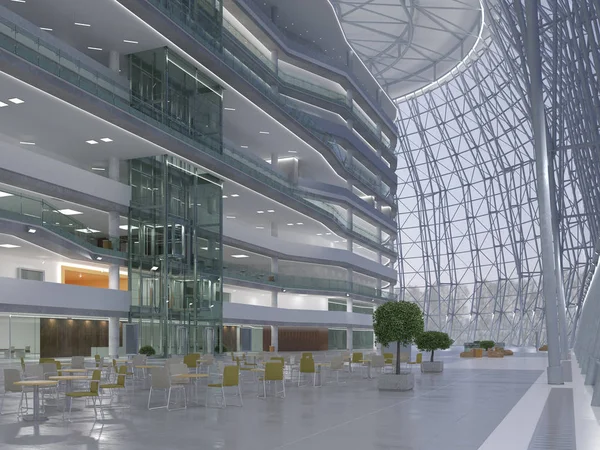 Koridorun genel iç mekanı. 3B render.