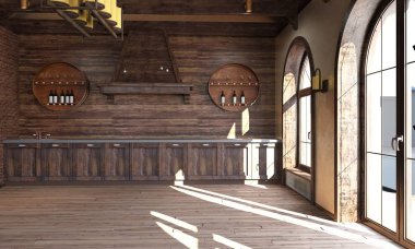 Rustik bir tarzda mutfak iç. 3d render