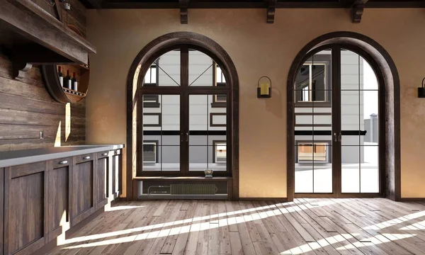 Rustik bir tarzda mutfak iç. 3d render