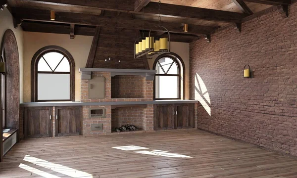Rustik bir tarzda mutfak iç. 3d render