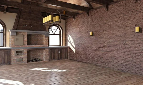 O interior da cozinha em estilo rústico. Renderização 3d — Fotografia de Stock