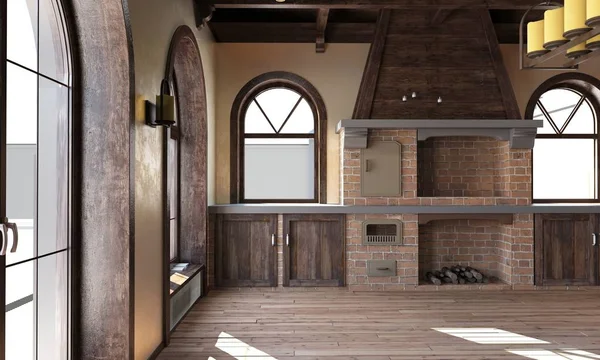 O interior da cozinha em estilo rústico. Renderização 3d — Fotografia de Stock
