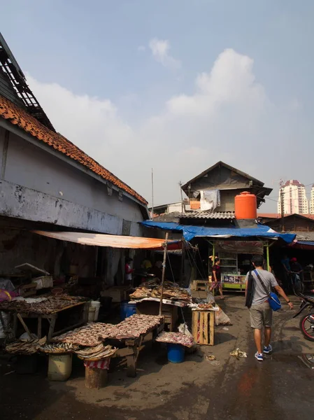 La vita a Pasar Ikan e Muara Karang, uno storico pesce di Giacarta mar — Foto Stock