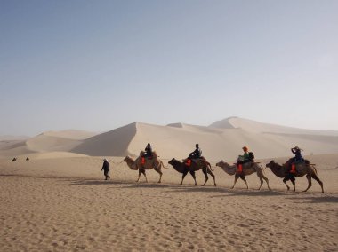 Dunhuang Çölü'nde İpek Yolu'nun bir bölümünde deve sürmek. Seyahat
