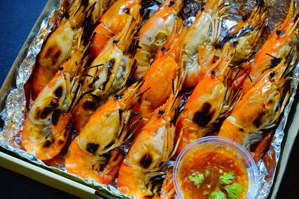 Grilled Shrimp Giant Freshwater River Prawn Grilling Charcoal Home Natural — Stock Photo, Image
