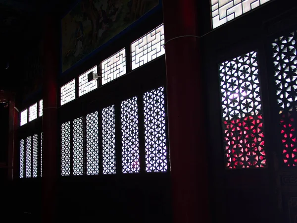 Dark Natural Light Wooden Chinese Traditional Window Temple Mianshan Mountain — Foto de Stock
