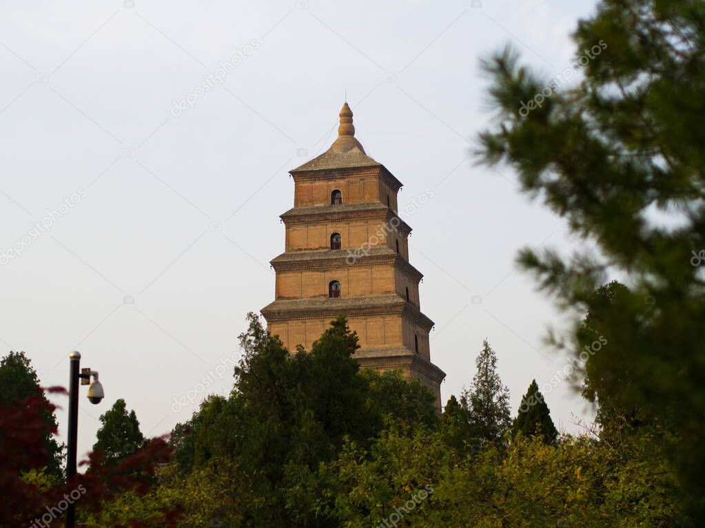 Giant Wild Goose Pagoda or Big Wild Goose Pagoda is a Buddhist pagoda. It was built in AD 652 during the Tang dynasty and originally had five stories. Xian City, Shaanxi Province, China. October 22nd, 2018.