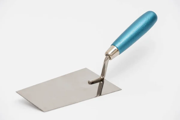 Construction Trowel White Background Stainless Steel Trowel Blue Wooden Handle — Stock Photo, Image