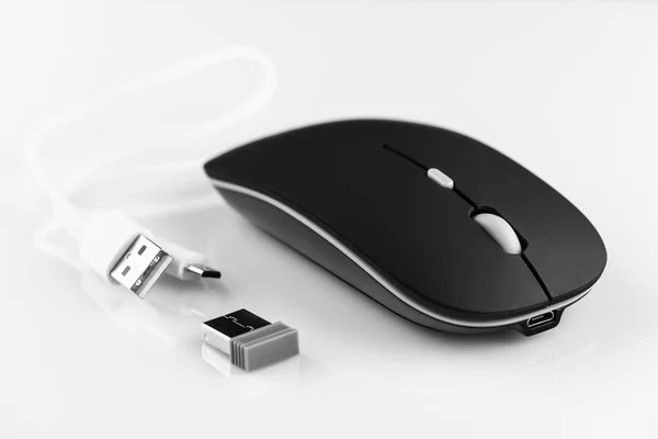 Black Wireless Computer Mouse White Background Adapter Charging Cable — Stock Photo, Image