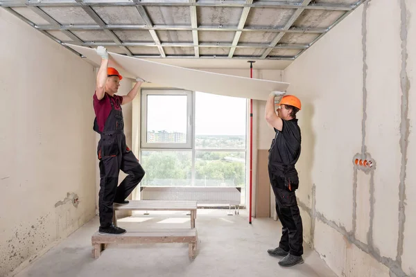 Installazione Cartongesso Lavoratori Stanno Sollevando Cartongesso Attaccare Soffitto — Foto Stock