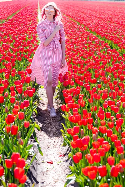 Sorrindo adolescente menina caminha através de campo de tulipa — Fotografia de Stock