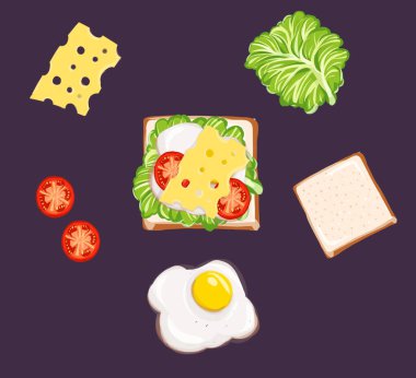 Sandwich.Greens, domates ve peynir ekmek üzerine. çizimler.