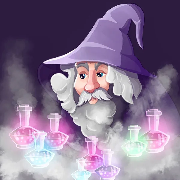 Wizard Omgeven Door Flessen Toverdrank — Stockfoto