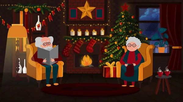 grandparents are sitting by the fireplace at Christmas.new year