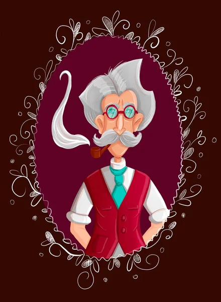 an old man in round glasses with a mustache and a Smoking pipe. illustration.