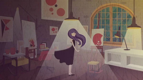 Kirli iç oda illüstrasyon. Kız yatak odası veya oturma odası şeyler kaos, Mobilya üzerinde toz. illüstrasyon