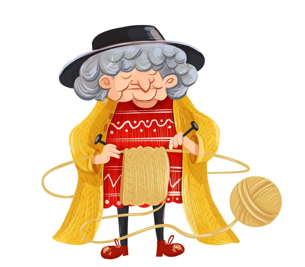 Бабушка Красном Свитере Связала Желтый Свитер — стоковое фото