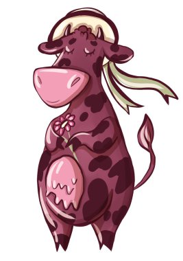 kırmızı kahverengi süt inek şapkalı bir çiçek onun elinde. karikatür çizim