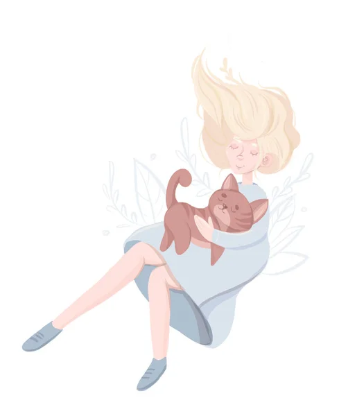 Mädchen Fliegt Traum Mit Einer Katze Auf Dem Arm — Stockfoto