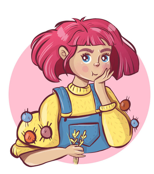 a girl with pink hair and a yellow sweater holds spikelets in her hands and supports her head with her hand. illustration