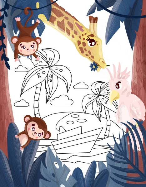 Tropischer Dschungel Affe Giraffe Papagei Palmblätter Rahmen Illustration — Stockfoto