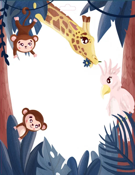 Selva Tropical Macaco Girafa Papagaio Folhas Palmeira Quadro Ilustração — Fotografia de Stock