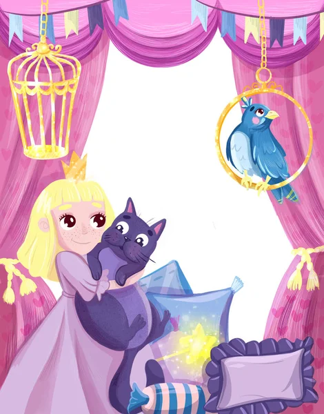 Εικονογράφηση Χαριτωμένο Πριγκίπισσα Γάτα Παπαγάλος Και Σχεδιασμός Ροζ Φόντο Για — Φωτογραφία Αρχείου