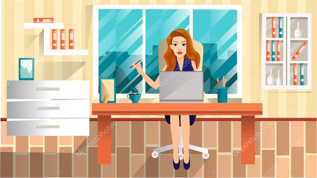 Business Woman Lady Entrepreneur In A Suit Working On A Laptop Computer At Her Clean And Sleek Office Desk Flat Style Color Modern Illustration Premium Vector In Adobe Illustrator Ai