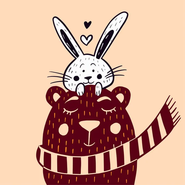 Illustration Eines Niedlichen Bären Mit Schal Und Einem Hasen Kaninchen — Stockvektor