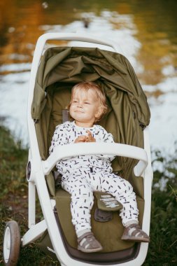 Bebek arabasında oturup annesini bekleyen sevimli, sağlıklı bir çocuk. Küçük oğlumuz ailesiyle birlikte yürüyüşe çıkıyor. Sıcak yaz günü.