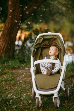Bebek arabasında oturup annesini bekleyen sevimli, sağlıklı bir çocuk. Küçük oğlumuz ailesiyle birlikte yürüyüşe çıkıyor. Sıcak yaz günü.