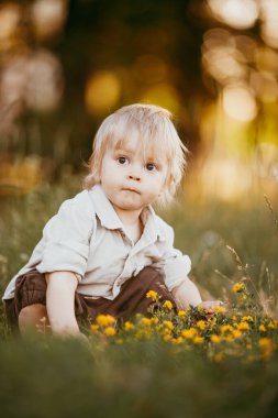 Bir yaz günü, gün batımında, bir tarlada eski bir tulum giymiş küçük sarışın bir çocuk..